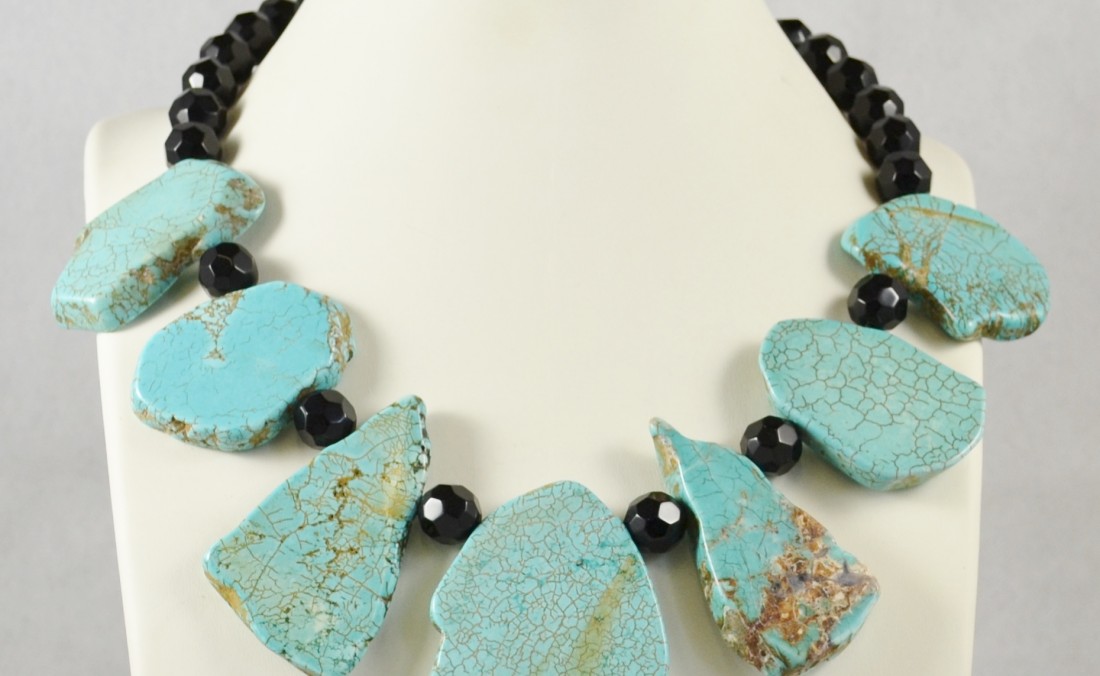 Large Turquoise slabs and French jet glass necklace