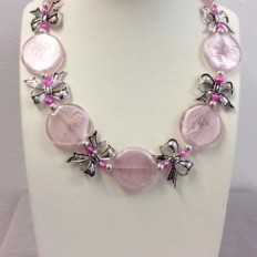Pink silverlined round glass beads with bows and freshwater Pearls