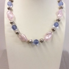Pink silver lined glass with lilac/blue crystals