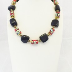 Genuine black Jet with red, dichroic glass necklace