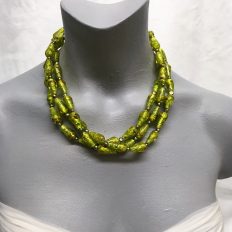 Olive green, silver-lined glass, 3 strand necklace