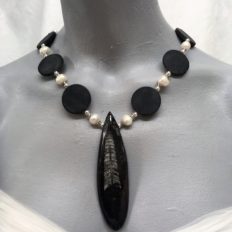 Matt black Onyx, freshwater Pearls with large fossil pendant