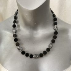 Black Onyx coin beads with glass ammonite beads £65