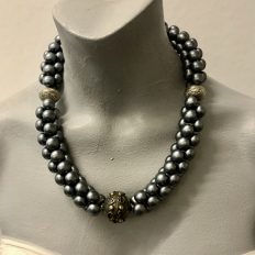 Dark grey acrylic peanut beads with silver focal beads –  £15