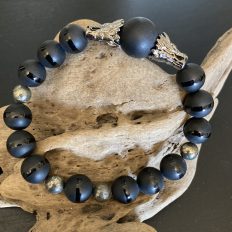 Banded Agate, Pyrite and black Onyx with antiqued dragon heads bracelet – £25